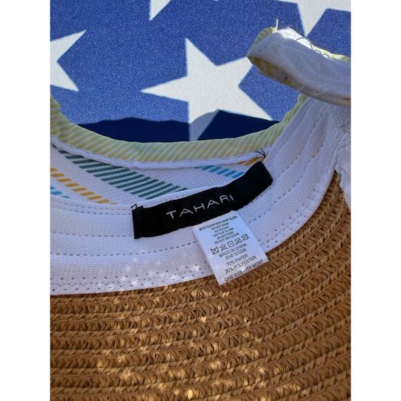 TAHARI Wide Brim Roll Up Sun Hat Packable Paper Blend OS Multi White Trim, EUC